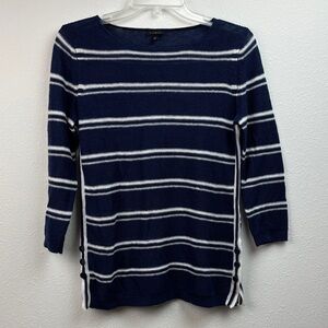 Talbots Navy & White Striped Linen Knit Summer Sweater Top with button sides